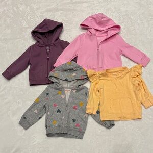 12 Month Girls' Heart Print & Solid Hoodies + Orange Ruffle Top - Lot of 4